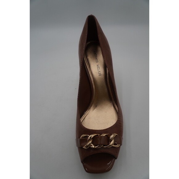 Antonio Melani Brown Embossed Leather Peep Toe Gold Chain Accent Dress Pumps 10M - Picture 7 of 11